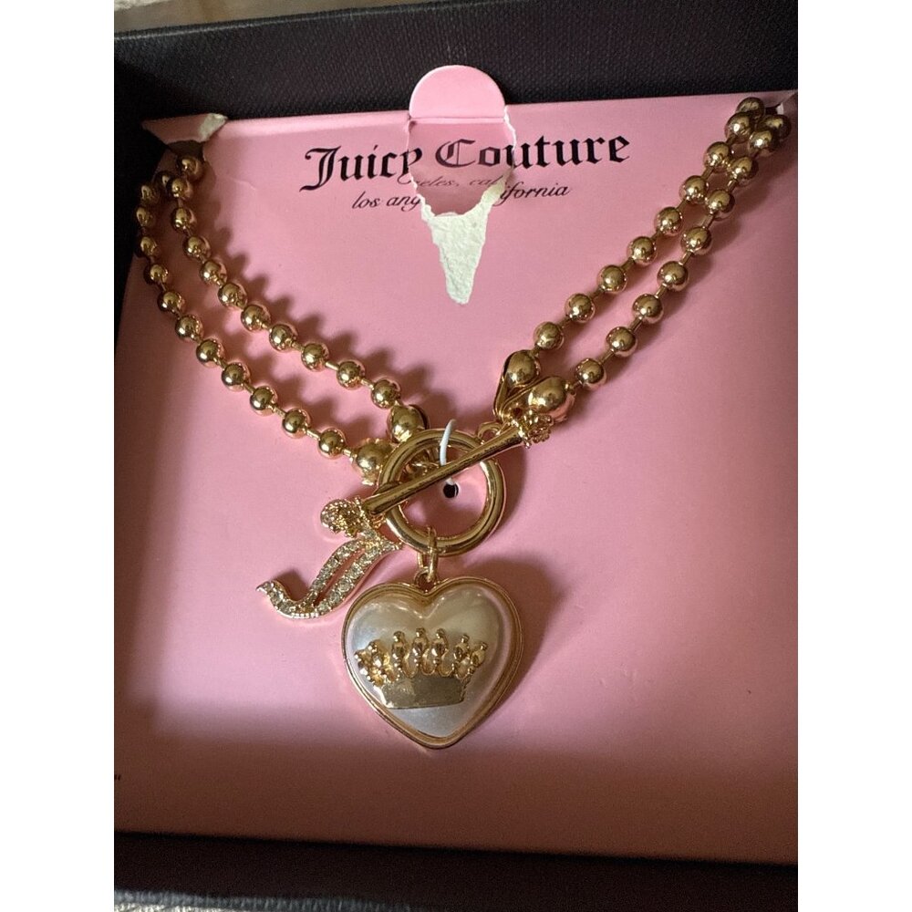 Juicy Couture Gold-Tone Heart Crown Necklace With Box Logo Charm
